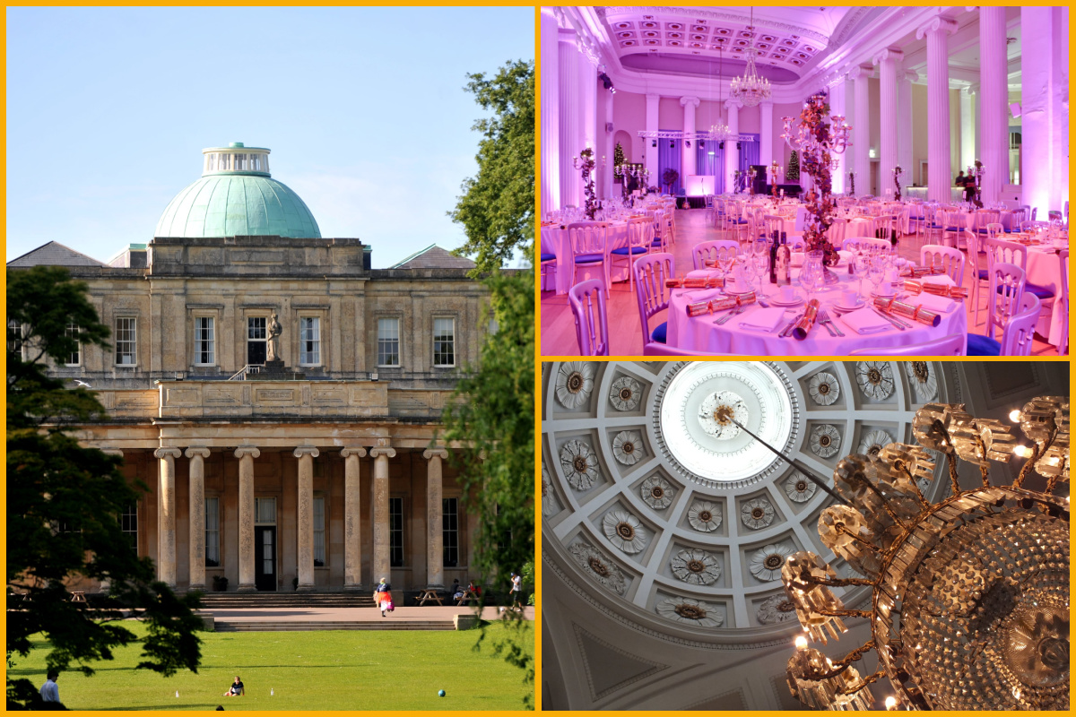 A collage of images of Pittville Pump Room exterior (photographed by Mikal Ludlow Photography), Christmas dining event and interior shot of a dome inside Pittville Pump Room.